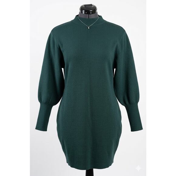 Express Dresses & Skirts - Express Dark Green Mock Neck Balloon Sleeve Knit Mini Sweater Dress Size Medium